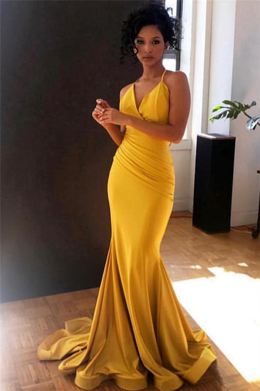 Charming Yellow Spaghetti-Straps Long Mermaid Prom Dress
