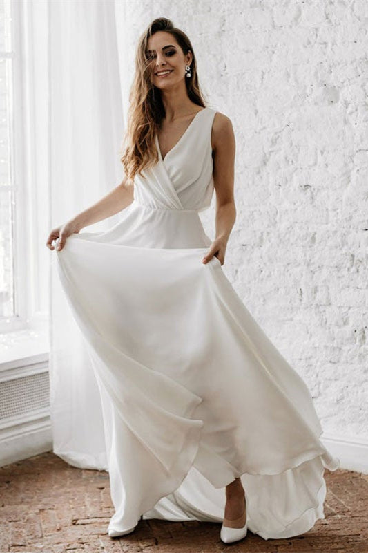 Long V-Neck Wedding Dress Without Sleeves