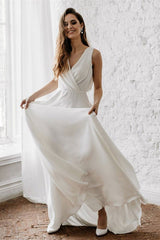 Long V-Neck Wedding Dress Without Sleeves