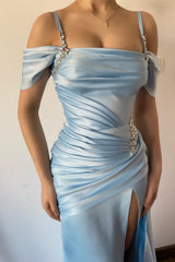 New Arrival Sky Blue Off-The-Shoulder Spaghetti-Straps Mermaid Prom Dress Beaded With Split