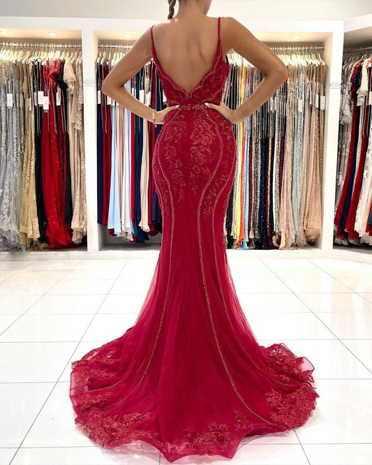 Amazing V-Neck Sleeveless Red Prom Dress Mermaid Long Lace Appliques
