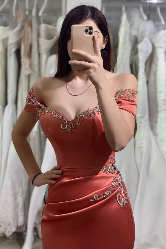 Classy Dusty Orange Off-the-Shoulder Prom Dress Mermaid Long With Beads