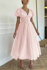 Elegant Taupe Pink V-Neck Short Sleeves Prom Dress with Sequins