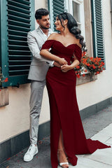 Charmeuse Wedding Gown Featuring an Off-The-Shoulder Neckline and Side Split
