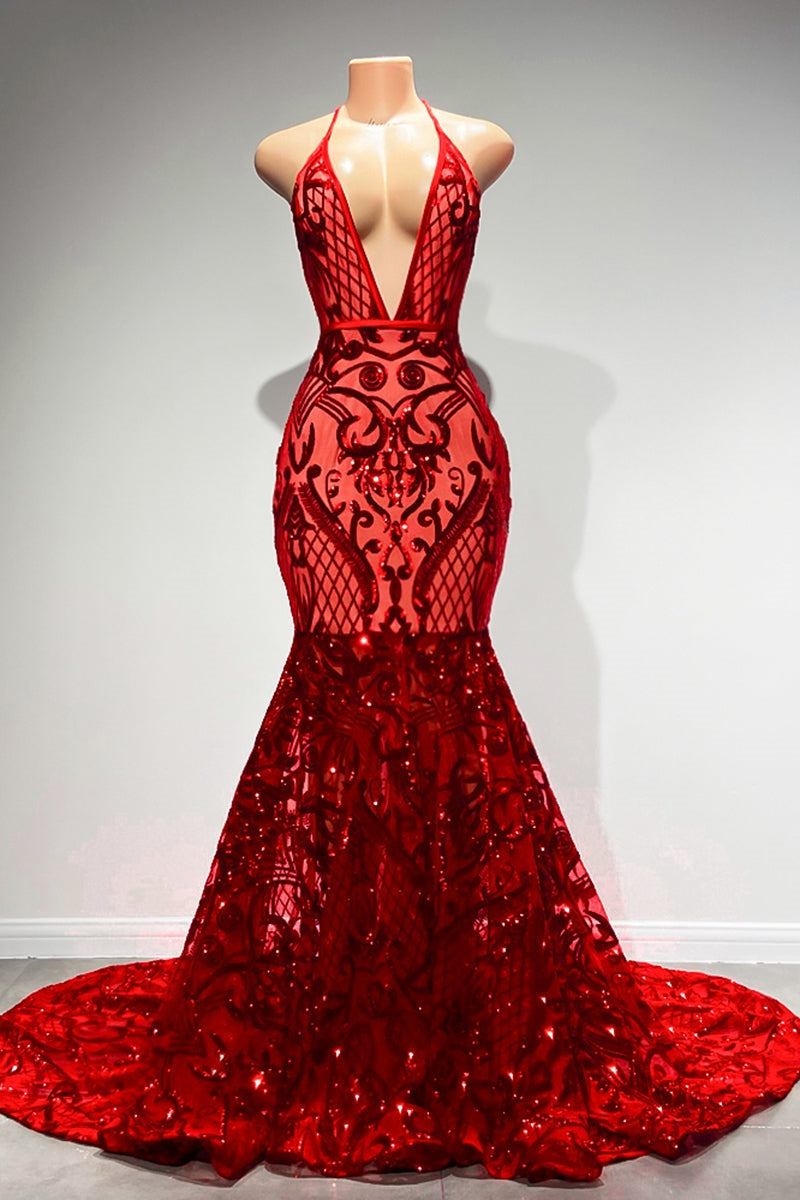 Charming Red Deep V-Neck Sleeveless Prom Dress Mermaid Sequins Long