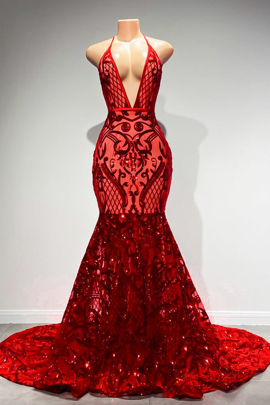 Charming Red Deep V-Neck Sleeveless Prom Dress Mermaid Sequins Long