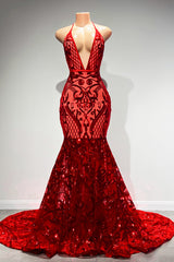 Charming Red Deep V-Neck Sleeveless Prom Dress Mermaid Sequins Long