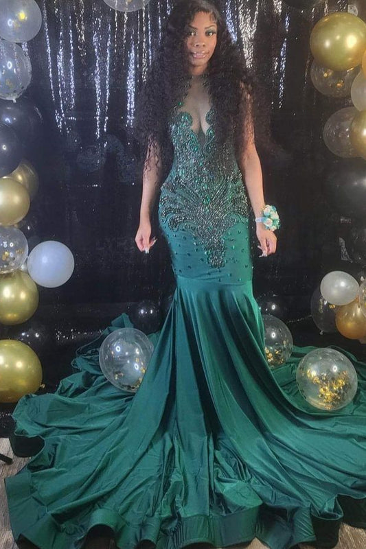 Gorgeous Dark Green Sleeveless Mermaid Prom Dress Sequins Beadings Long