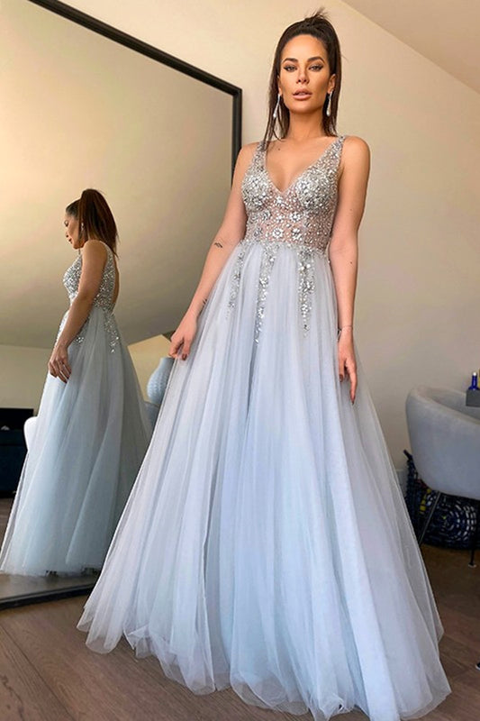 Modern V-Neck Sleeveless Prom Dress With Crystals
