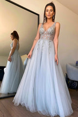 Modern V-Neck Sleeveless Prom Dress With Crystals