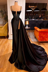 Classic Spaghetti-Straps Black Prom Dress Mermaid Long Split Sleeveless