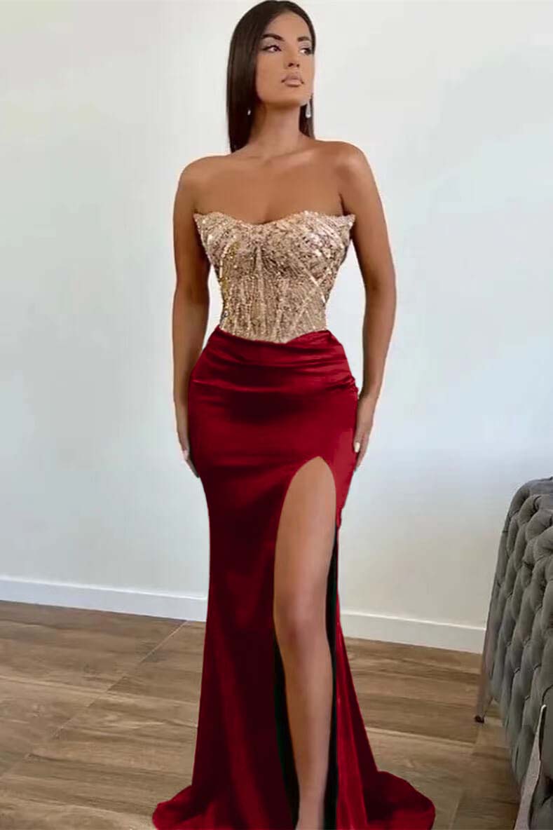 Dark Green Beaded Mermaid Prom Dress Strapless Slit Sequins Gown