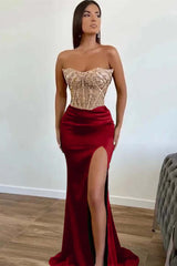  Dark Green Beaded Mermaid Prom Dress Strapless Slit Sequins Gown