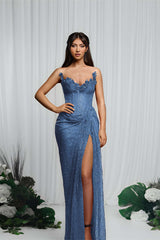 Gorgeous Red V-Neck Sequin Mermaid Prom Dress Sleeveless High Split