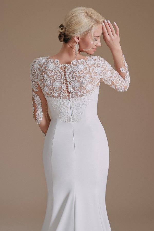 Elegant Long Mermaid Jewel Wedding Dress in Satin Lace With Sleeves