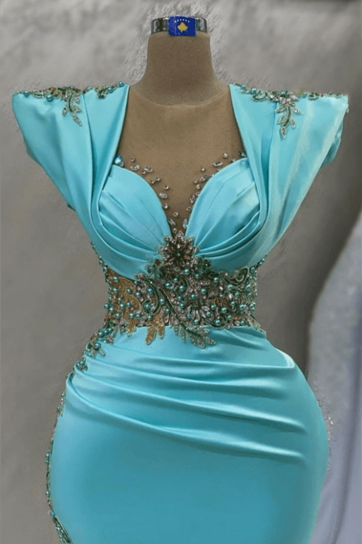 Stunning Tiffany Blue Long Sleeves Evening Prom Dresss Mermaid With Beads Pearls