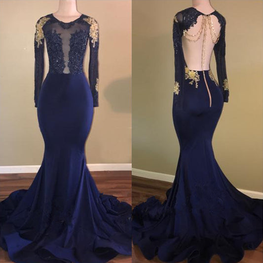 Gorgeous Navy Blue Long Sleeves Mermaid Prom Dress With Lace Appliques