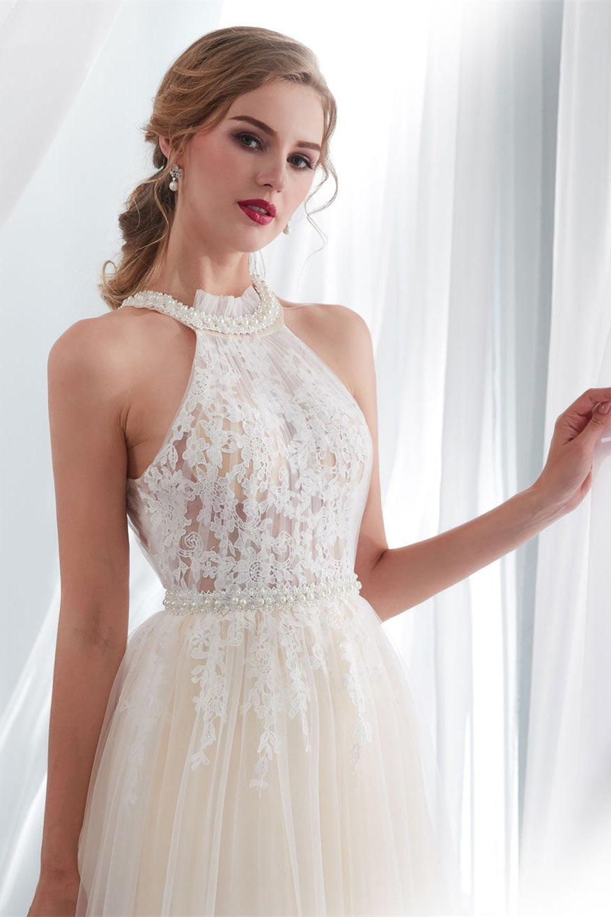 Wedding Dress With Appliques in High-Neck Tulle