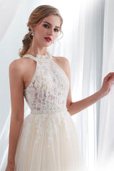 Wedding Dress With Appliques in High-Neck Tulle