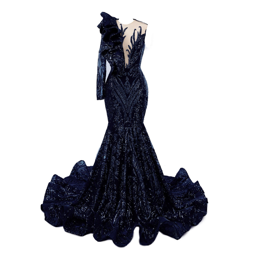 Classic One Shoulder Long Sleeves Prom Dress Mermaid Sequins With Ruffles