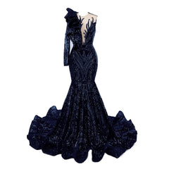 Classic One Shoulder Long Sleeves Prom Dress Mermaid Sequins With Ruffles