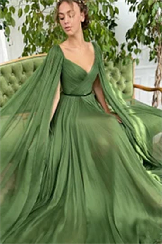 Women Green Ruffles V-neck Long Sleeve Belt Split Prom Dress
