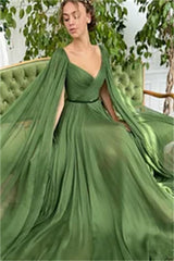 Women Green Ruffles V-neck Long Sleeve Belt Split Prom Dress