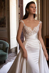 Elegant White Satin Spaghetti Strap Mermaid Wedding Gown with Detachable Train and Applique
