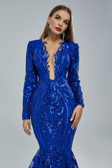 Gorgeous Royal Blue Long Sleeves Prom Dress Mermaid Sequins Online