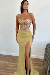  Dark Green Beaded Mermaid Prom Dress Strapless Slit Sequins Gown