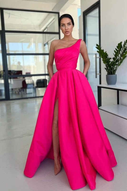 Pink One Shoulder Prom Dress A Line with High Slit