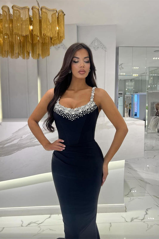 Fabulous Dark Navy Straps Sleeveless Mermaid Prom Gown With Crystals
