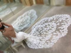 Long Mermaid Wedding Dress with Spaghetti Straps, V-Neck, and Lace, Backless Design