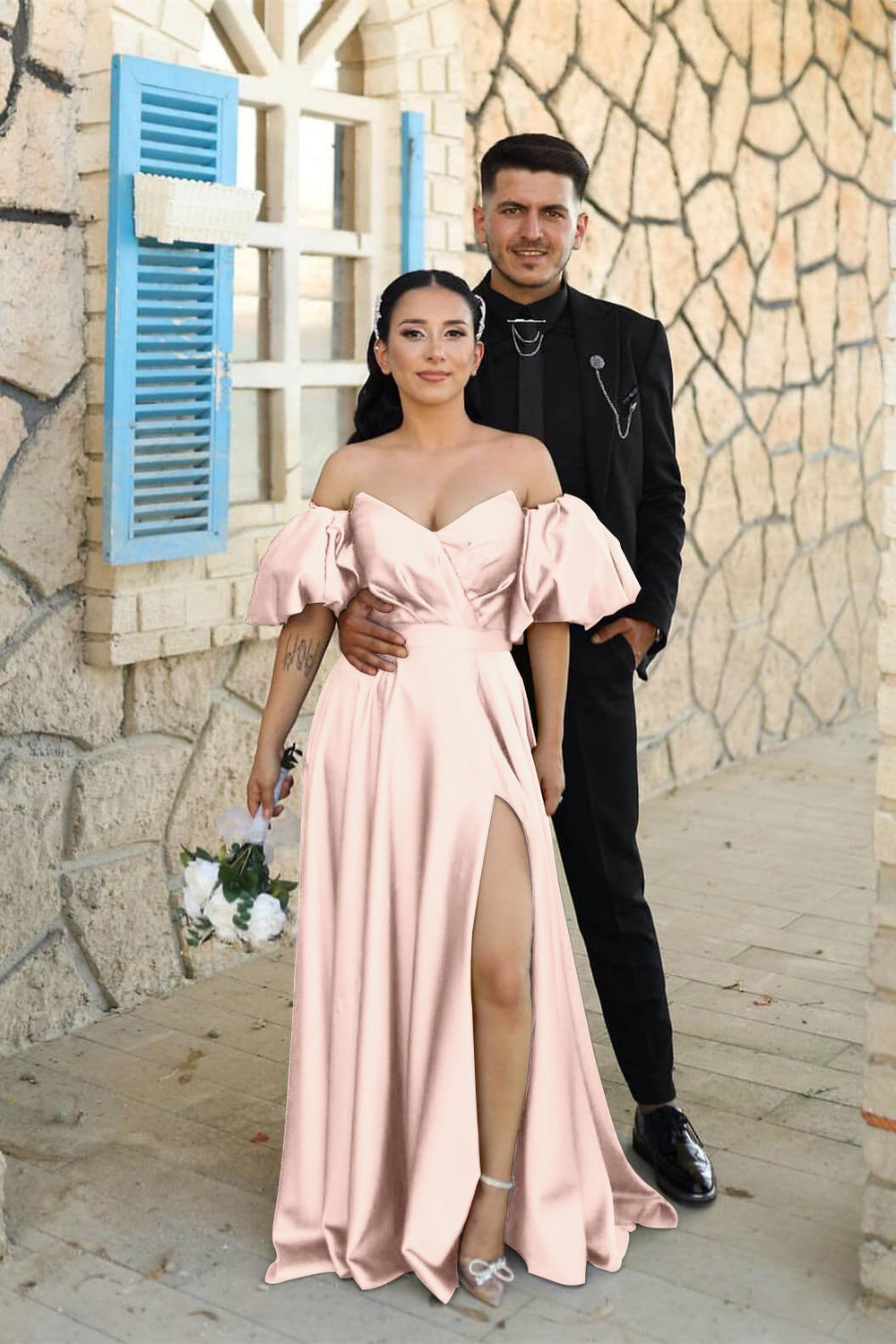 Dusty Blue Sweetheart Off-the-Shoulder Puff Sleeves Evening Dress with Front Split