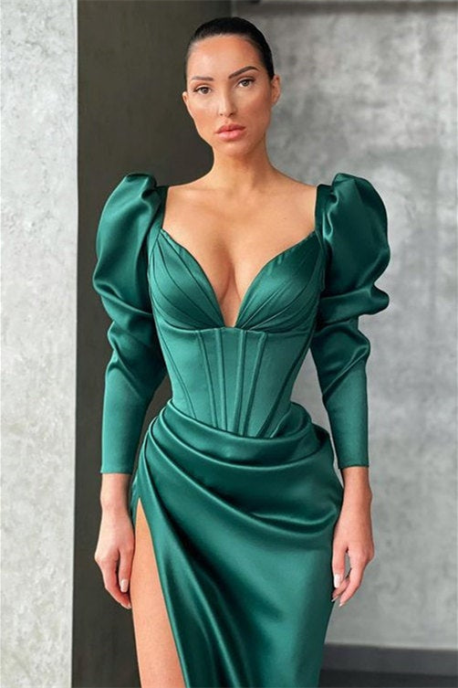 Dark Green Long Sleeves Prom Dress Mermaid
