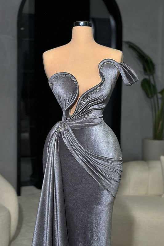 Dusty Blue One Shoulder Long Velvet Prom Dress Mermaid Sleeveless with Beads