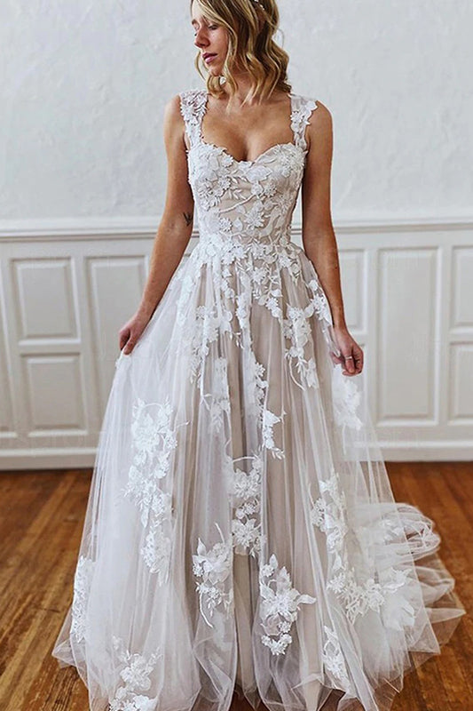 Elegant Sweetheart A-line Wedding Gown with Straps and Appliques