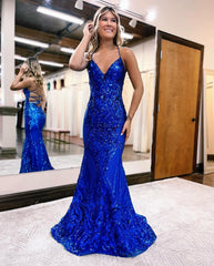 Royal Blue Sequin Prom Dress V Neck Backless