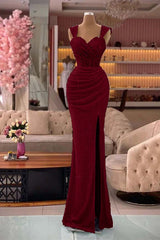  Glamorous Straps Sweetheart Mermaid Sequin Split Evening Dress with Pleats