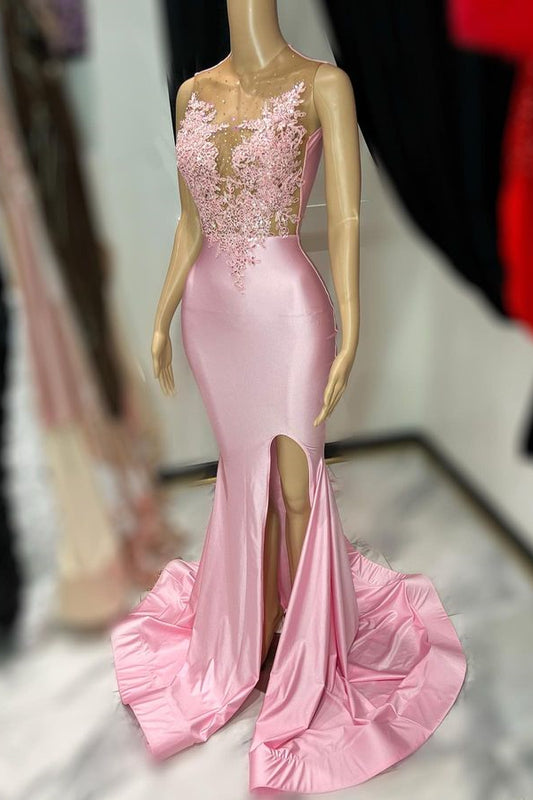 New Arrival Pink Mermaid Lace Appliques Prom Dress Split Sleeveless