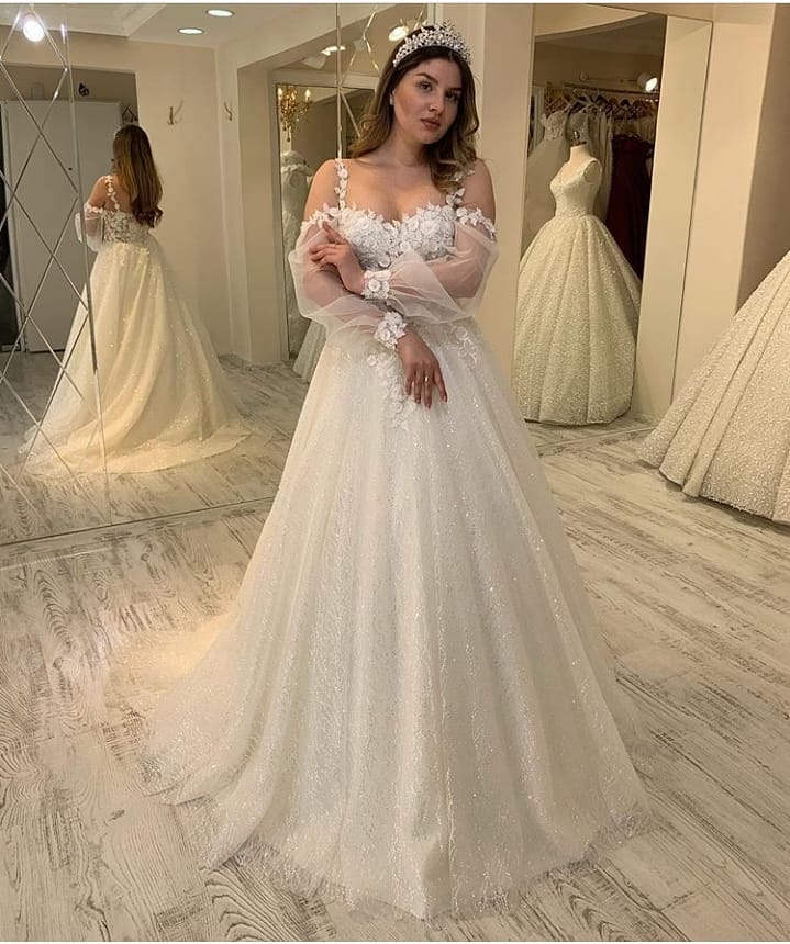Sweetheart Long Sleeve A-line Wedding Dress with Spaghetti Straps and Glitter