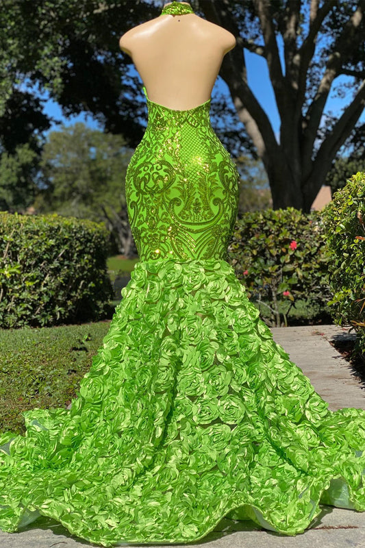 Fabulous High Neck Sleeveless Prom Dress Mermaid Green With Rose Bottom Sequins