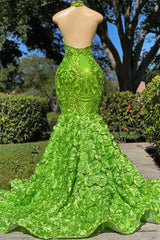 Fabulous High Neck Sleeveless Prom Dress Mermaid Green With Rose Bottom Sequins