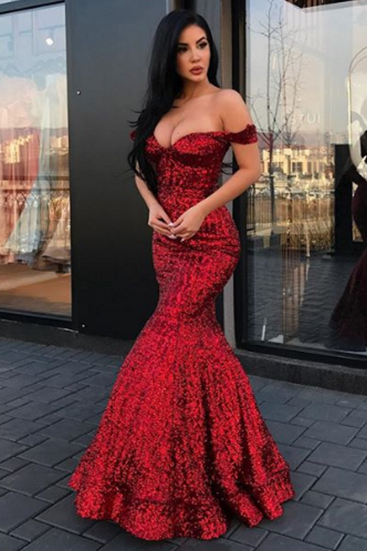 Charming Off-the-Shoulder Mermaid Sequins Prom Dresses Long