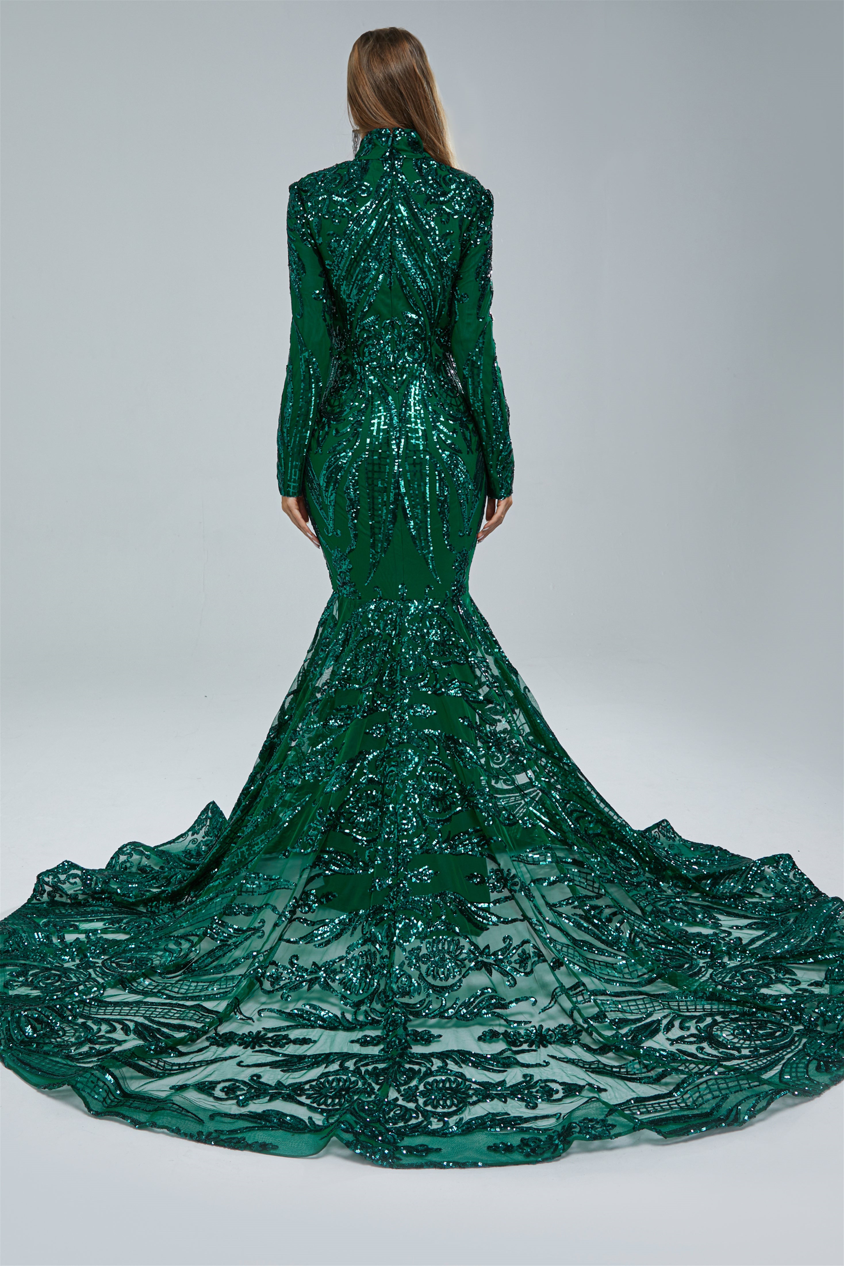 Gorgeous Long Sleeves Emerald Green Prom Dress Mermaid Sequins Long
