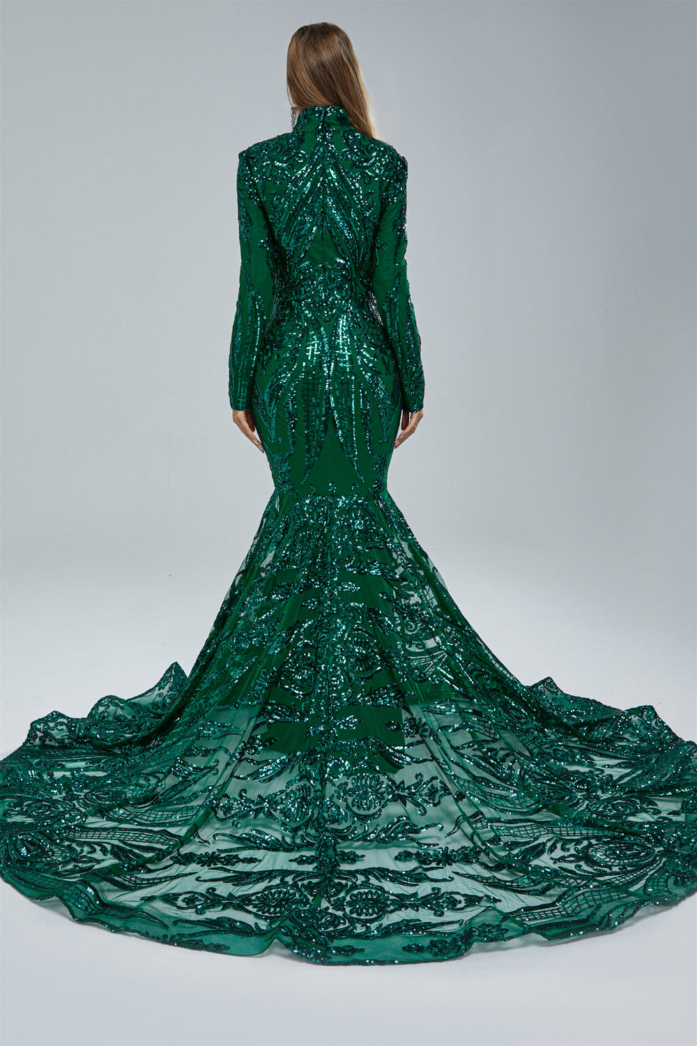 Gorgeous Long Sleeves Emerald Green Prom Dress Mermaid Sequins Long