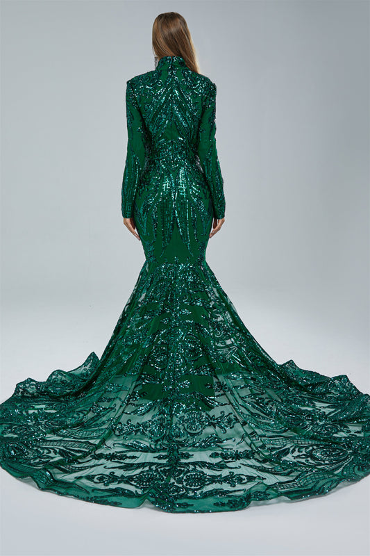 Gorgeous Long Sleeves Emerald Green Prom Dress Mermaid Sequins Long