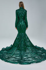 Gorgeous Long Sleeves Emerald Green Prom Dress Mermaid Sequins Long