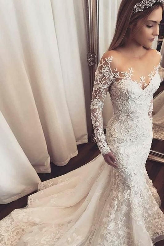 Elegant Sweetheart Mermaid Bridal Gown with Long Sleeves and Tulle Ruffles