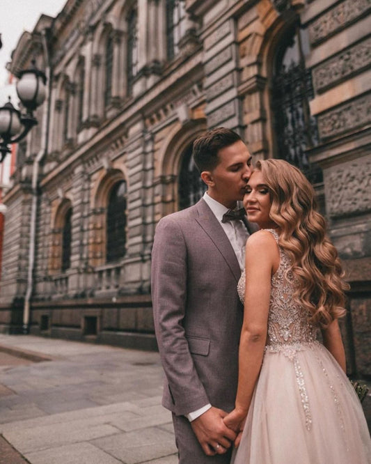Boho Elegance: Long V-neck A-line Wedding Dress with Tulle Lace and Slit Appliques